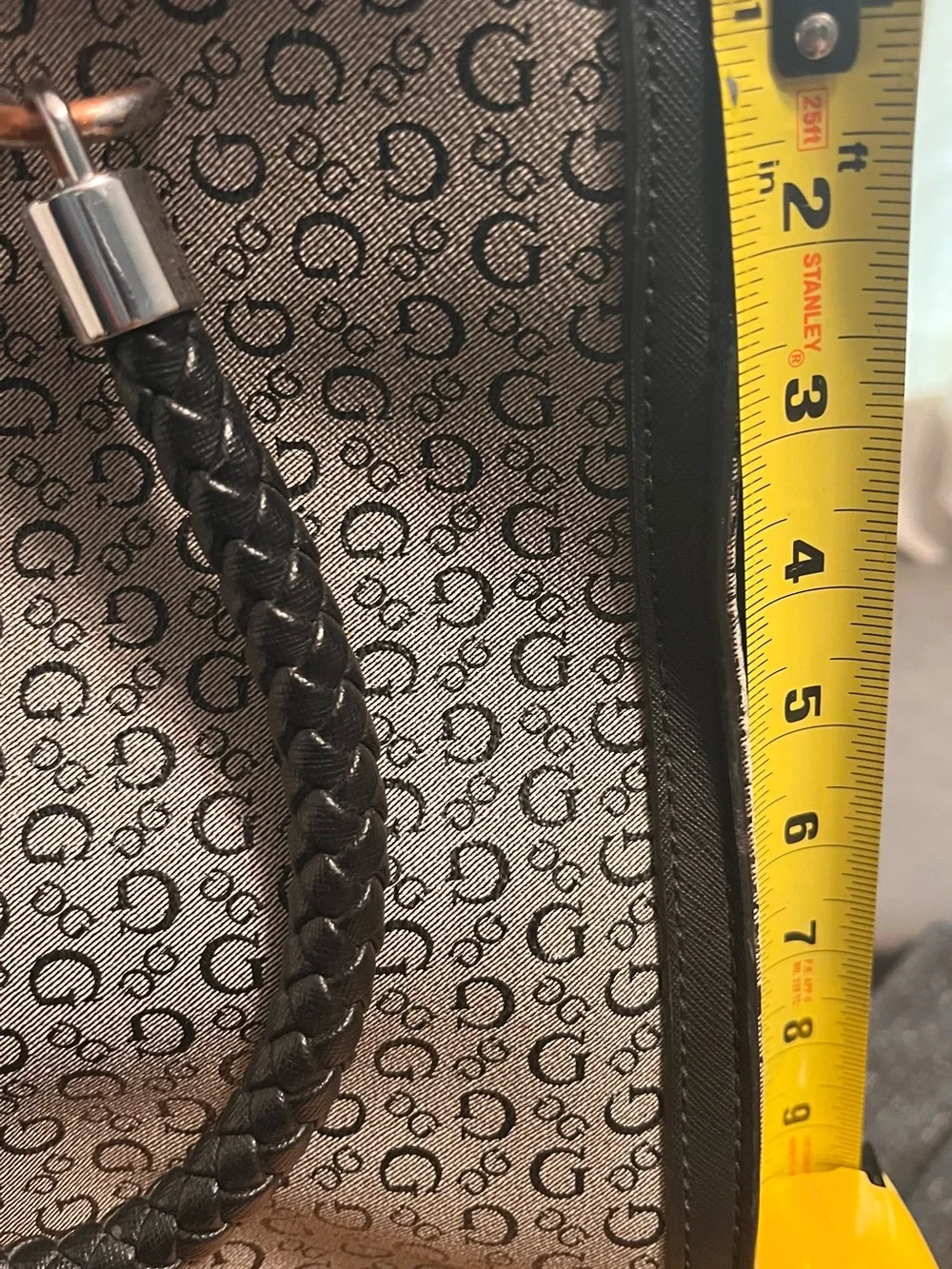 GUESS Beige Monogram Satchel with Black Braided Handles